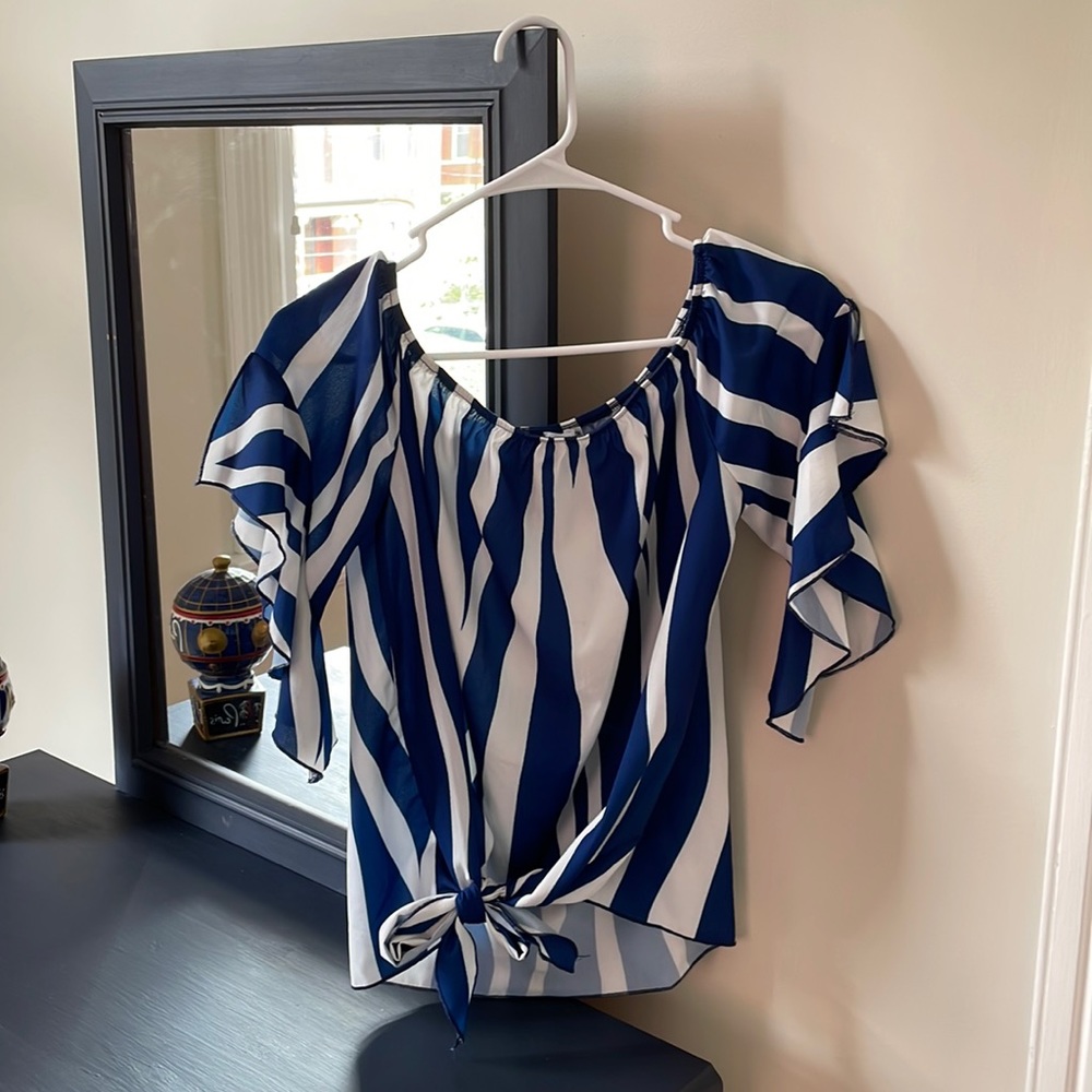 Striped blue and white tie front lightweight blouse